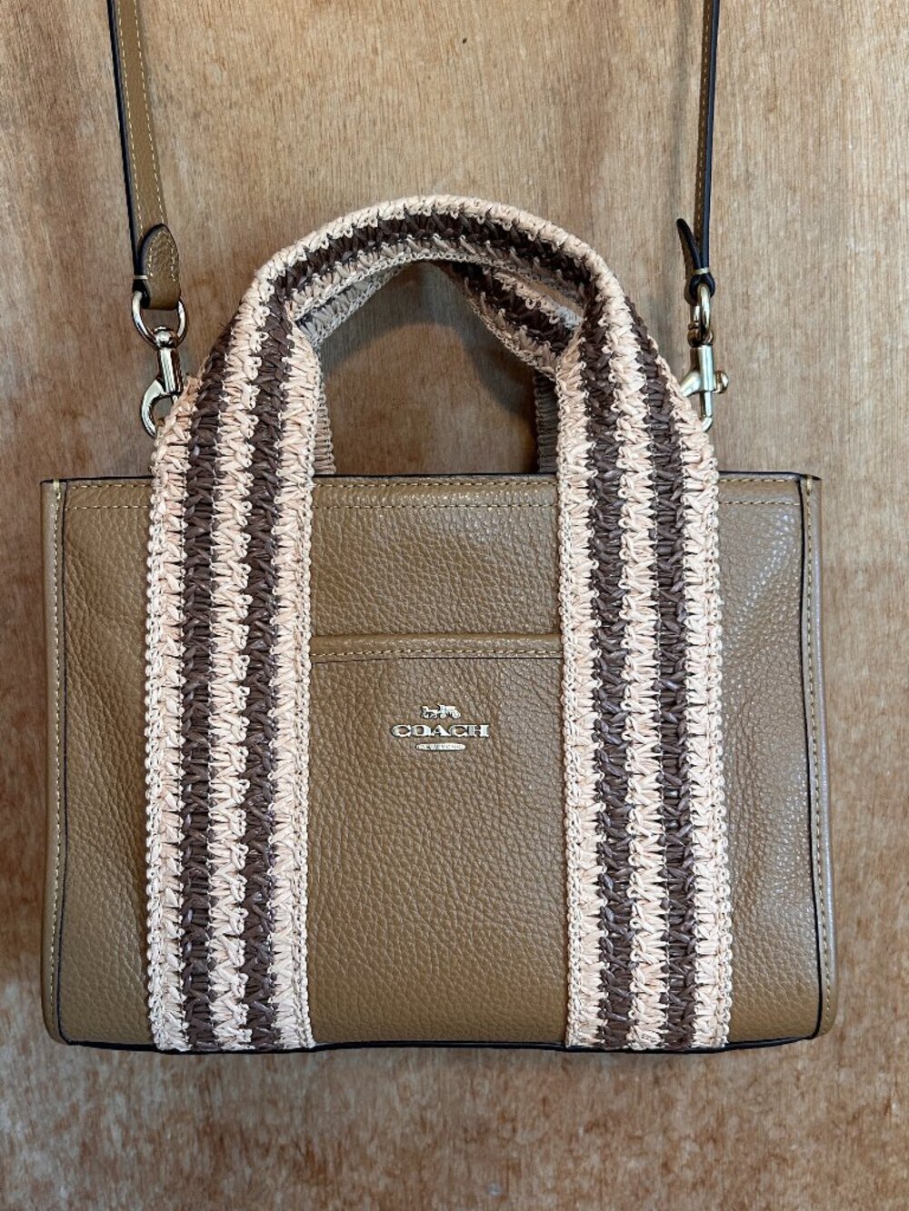Coach Smith Tote 24 Honey Brown Multi Woven Handles Detachable Crossbody Strap